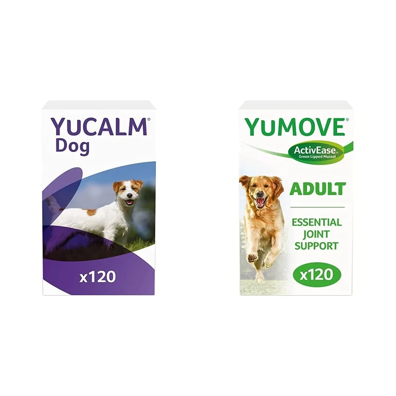Lintbells | YuCALM Dog | Calming Supplement for Dogs who are Stressed or Nervous | 120 Tablets & YuMOVE Adult Dog | Hip and Joint Supplement for Stiff Adult Dogs | Aged 6 to 8 | 120 Tablets