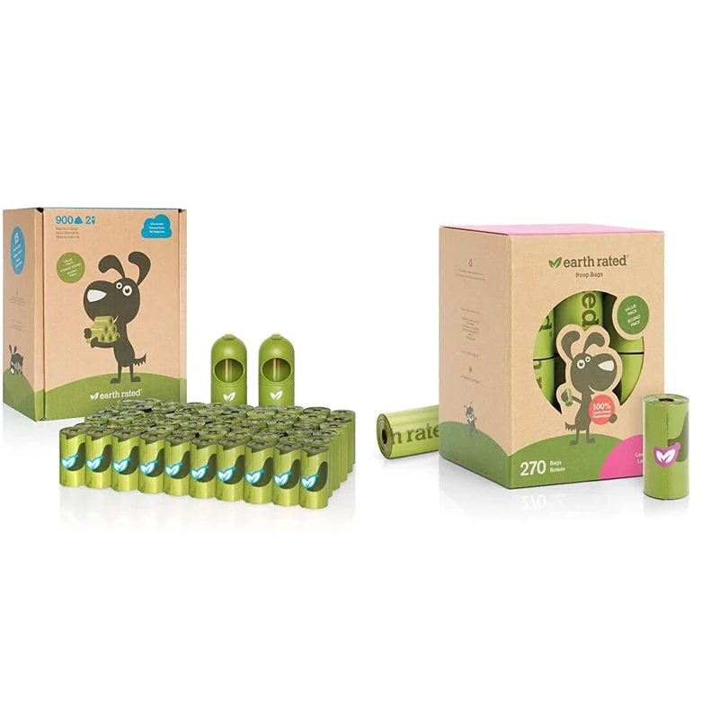 Earth Rated Dog Poo Bags Bulk 900 Pack - Extra Thick Poop Bags For Dogs With 2 Leash Dispensers | Measure 22x33cm & Dog Poo Bags - 270 Extra Thick Poop Bags For Dogs | Measures 22x33cm