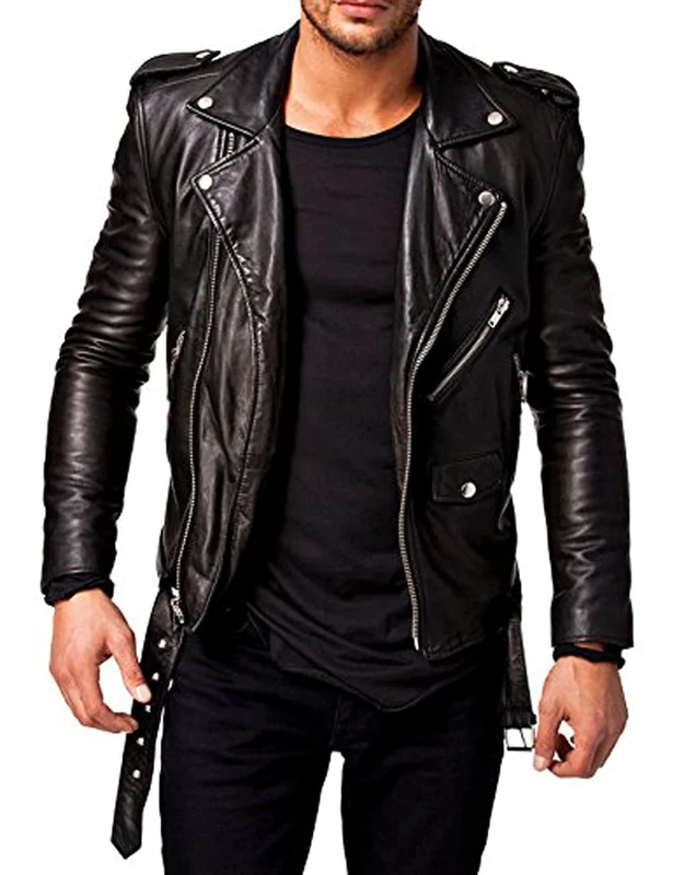 QAWACH Men Leather Jacket - Lambskin Winter Vintage Motorcycle Biker Jacket, Moto Riding/Racing Pure Leather Cross Zipper Coat, Black