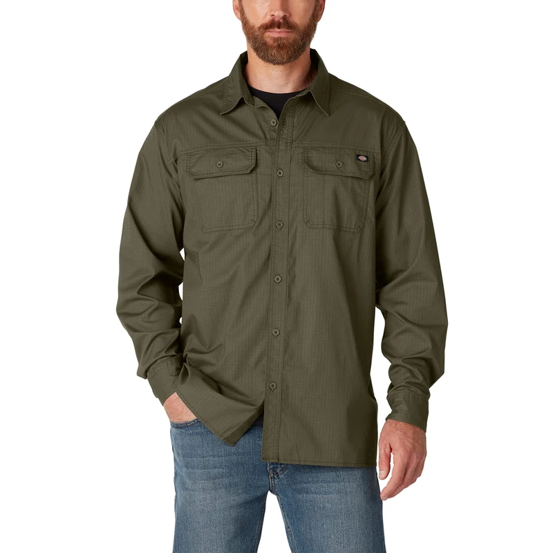 Dickies Men's Flex Denim Long Sleeve Shirt Button, Military Green, XL