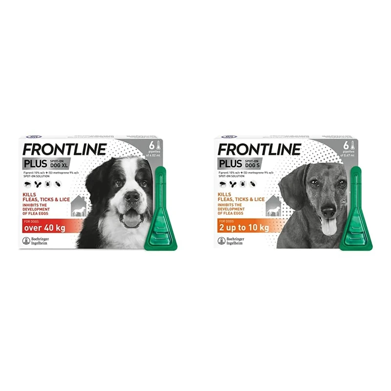 FRONTLINE Plus Flea & Tick Treatment for Extra Large Dogs (over 40 kg) - 6 Pipettes & Plus Flea & Tick Treatment for Small Dogs (2-10 kg) - 6 Pipettes