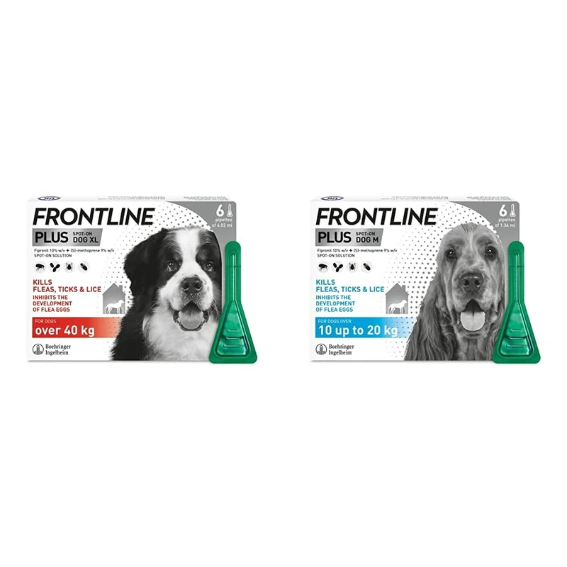 FRONTLINE Plus Flea & Tick Treatment for Extra Large Dogs (over 40 kg) - 6 Pipettes & Plus Flea & Tick Treatment for Medium Dogs (10-20 kg) - 6 Pipettes
