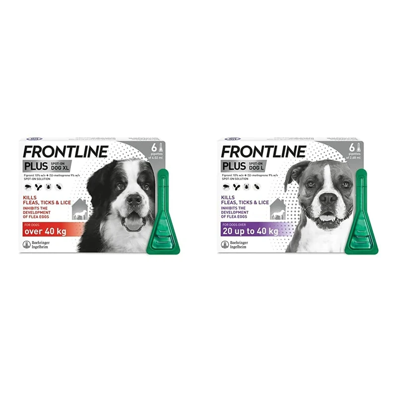 FRONTLINE Plus Flea & Tick Treatment for Extra Large Dogs (over 40 kg) - 6 Pipettes & Plus Flea & Tick Treatment for Large Dogs (20-40 kg) - 6 Pipettes