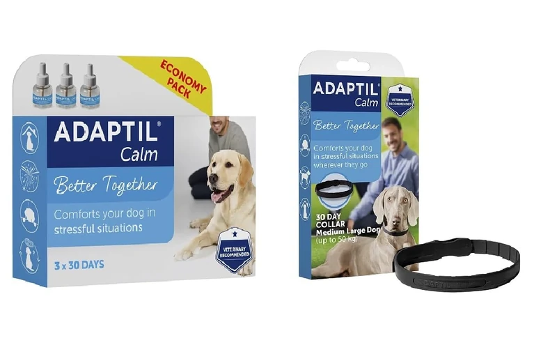 ADAPTIL Calm 30 Day Refill x 3, Helps Dog Cope with Behavioural Issues and Life Challenges 48ml x 3 & Calm On-the-Go Collar, helps dogs cope with stress and anxiety - Medium/Large Dogs