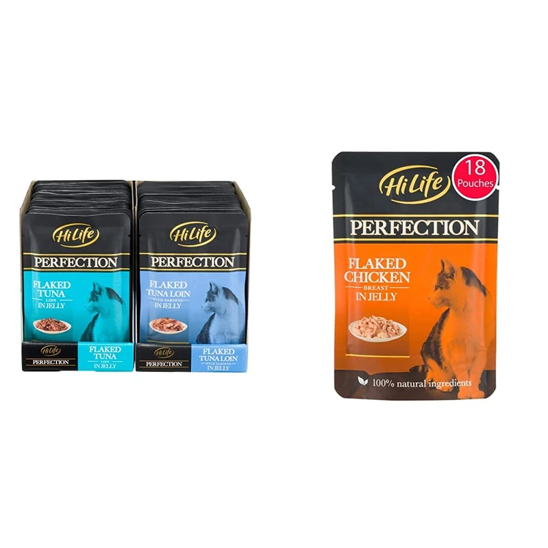 HiLife Perfection - Wet Food for Adult Cats - Flaked Tuna Loin, 36 Pouches x 70g & PERFECTION - Wet Cat Food - Flaked Chicken Breast in Jelly, Natural Ingredients Grain Free, 18 Pouches x 70g