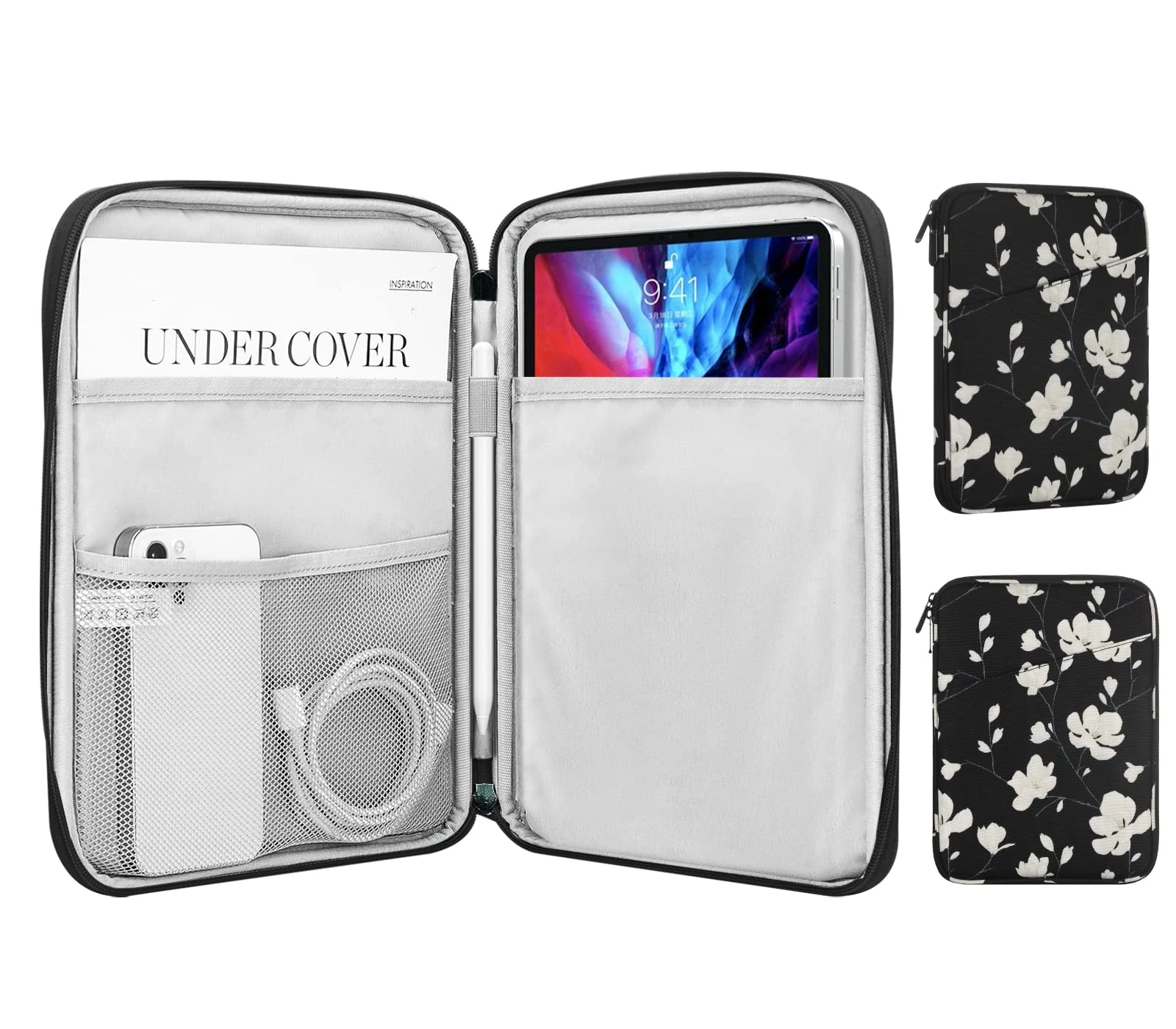 MoKo 9-11 Inch Tablet Sleeve Case, Fits 11inch iPad Air M3, iPad A16 2025, Pro 11 M4, iPad 10/9/8/7th, Galaxy Tab S9/S8/A8/A7, Protective Bag Carrying Case with Pocket,Black&White Magnolia