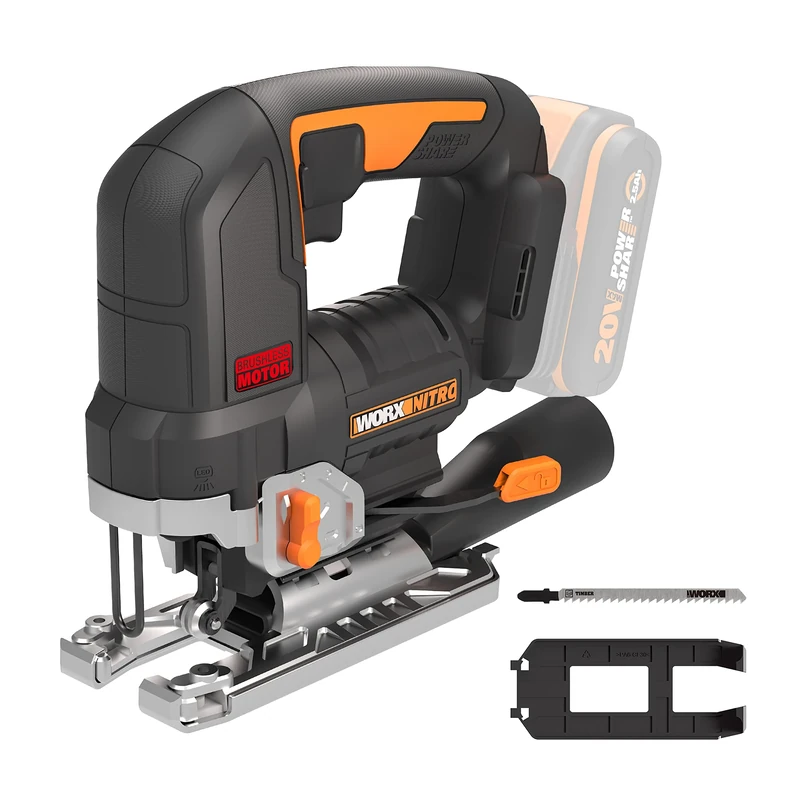 WORX Nitro 18V (20V Max) Cordless Jigsaw, PowerShare, Brushless, 3500spm, Maximum in Wood 120mm, Steel 10mm, WX542.9