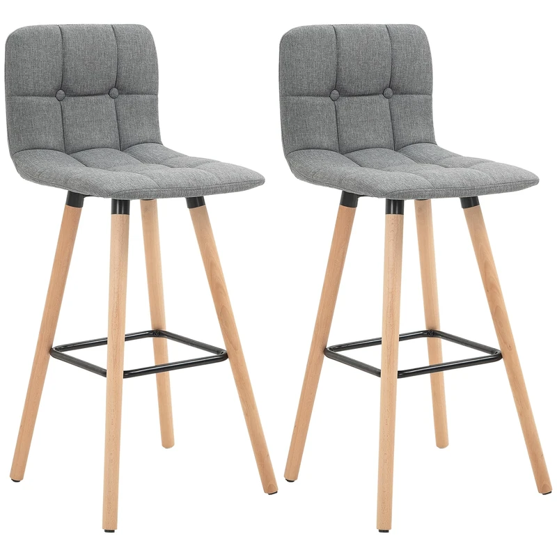 HOMCOM Breakfast Bar Stool Set of 2 Armless Button-Tufted Counter Height Bar Chairs with Wood Legs & Footrest, Grey