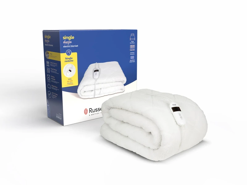 Russell Hobbs Electric Blanket, Luxury Sherpa Fleece Heated Single Fitted Underblanket, 3 Heat Settings & Timer, Low Energy & Energy Efficient, Machine Washable, 90 X 190 cm, 120W, White, RHESB8001