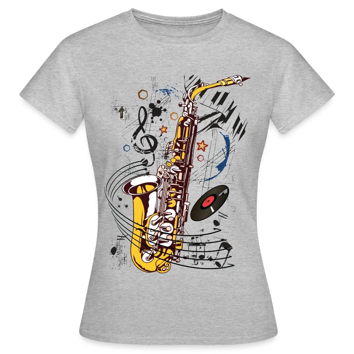 Spreadshirt Colourful Saxophone, Vinyl and Musical Notes Women's T-Shirt, S, Heather Grey