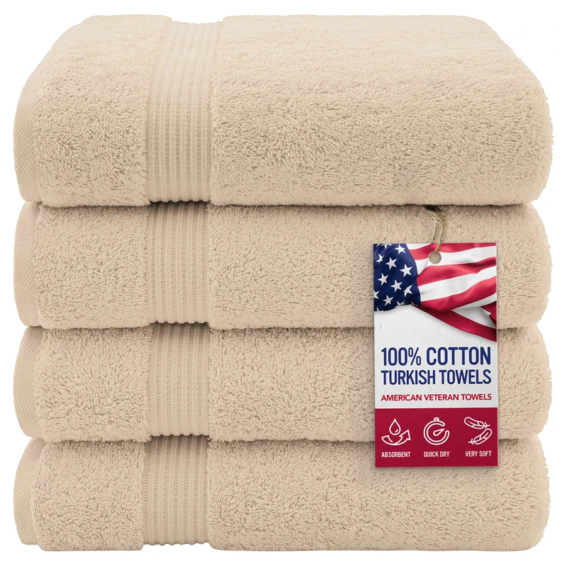American Veteran Towel, Bath Towels for Bathroom, 4 Packed 27 inch 54 inch 100% Turkish Cotton Large Bath Towels, Soft Absorbent Towel Sets, Beige Bath Towels