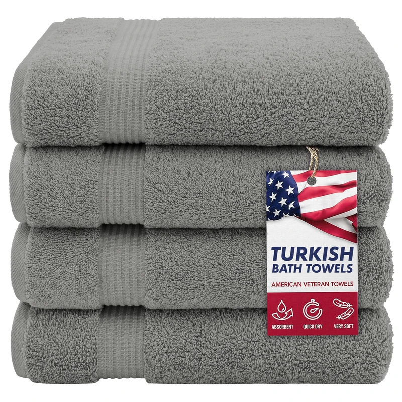 American Veteran Towel, 100% Cotton Turkish Bath Towels for Bathroom 4 Pack, 27x54 Extra Large Premium Soft Drying Bathroom Towels, Light Gray