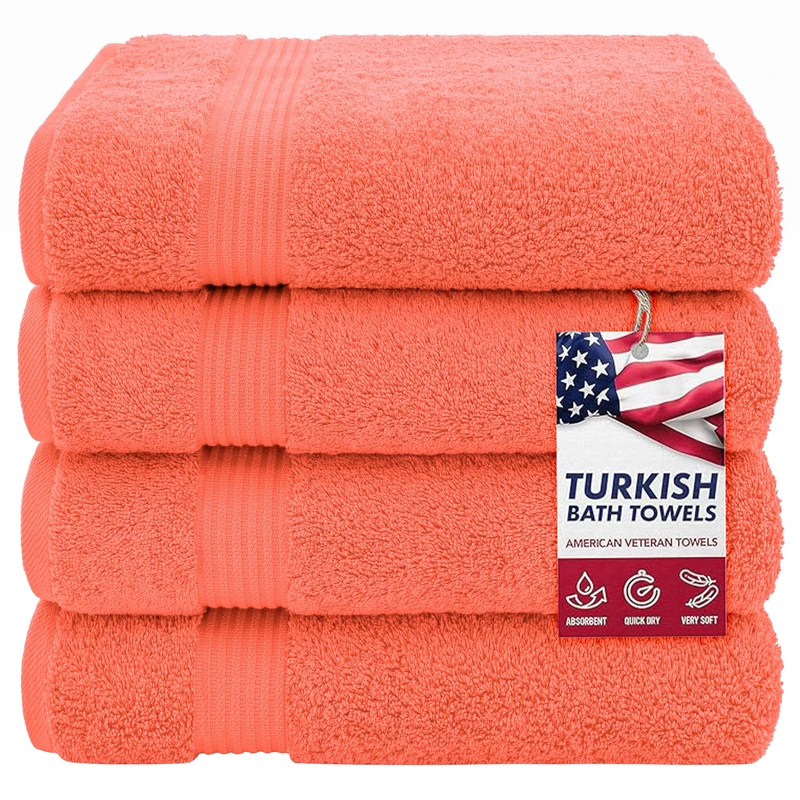American Veteran Towel, 100% Cotton Turkish Bath Towels for Bathroom 4 Pack Clearance Prime, 27x54 Extra Large Premium Soft Drying Bathroom Towels, Coral