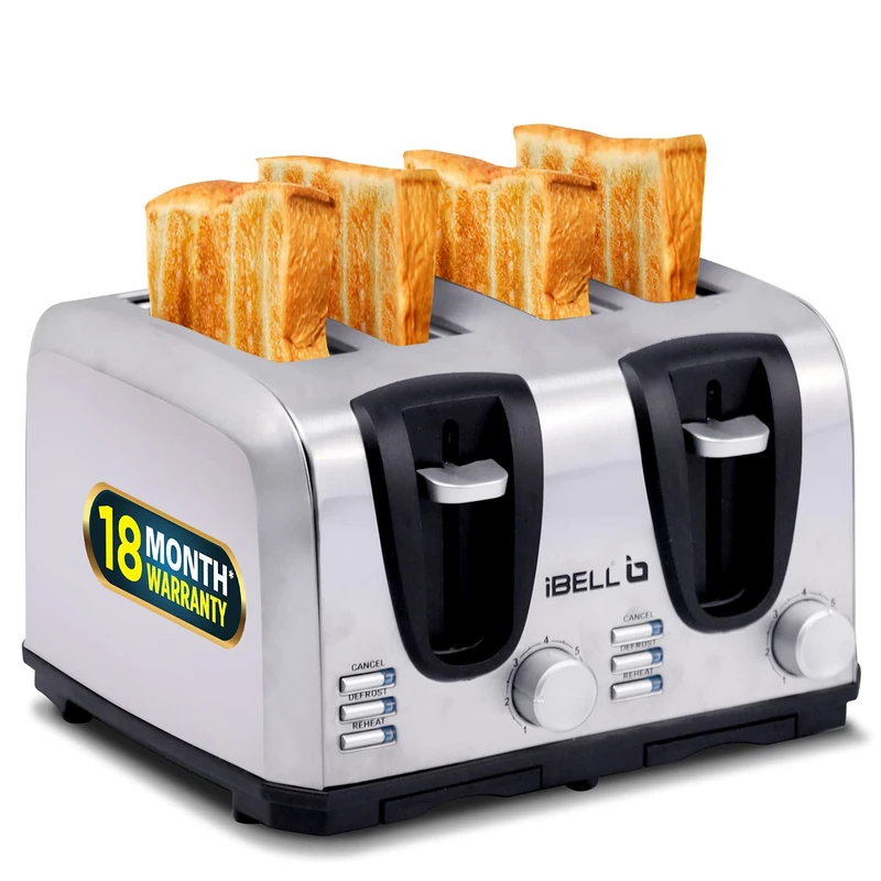 iBELL 2-in-1 Bread Toaster 4 Slices, Dual Controls, 7 Browning Modes, Auto Pop Up, Defrost, Reheat and Crumb Tray | Silver - Image 1