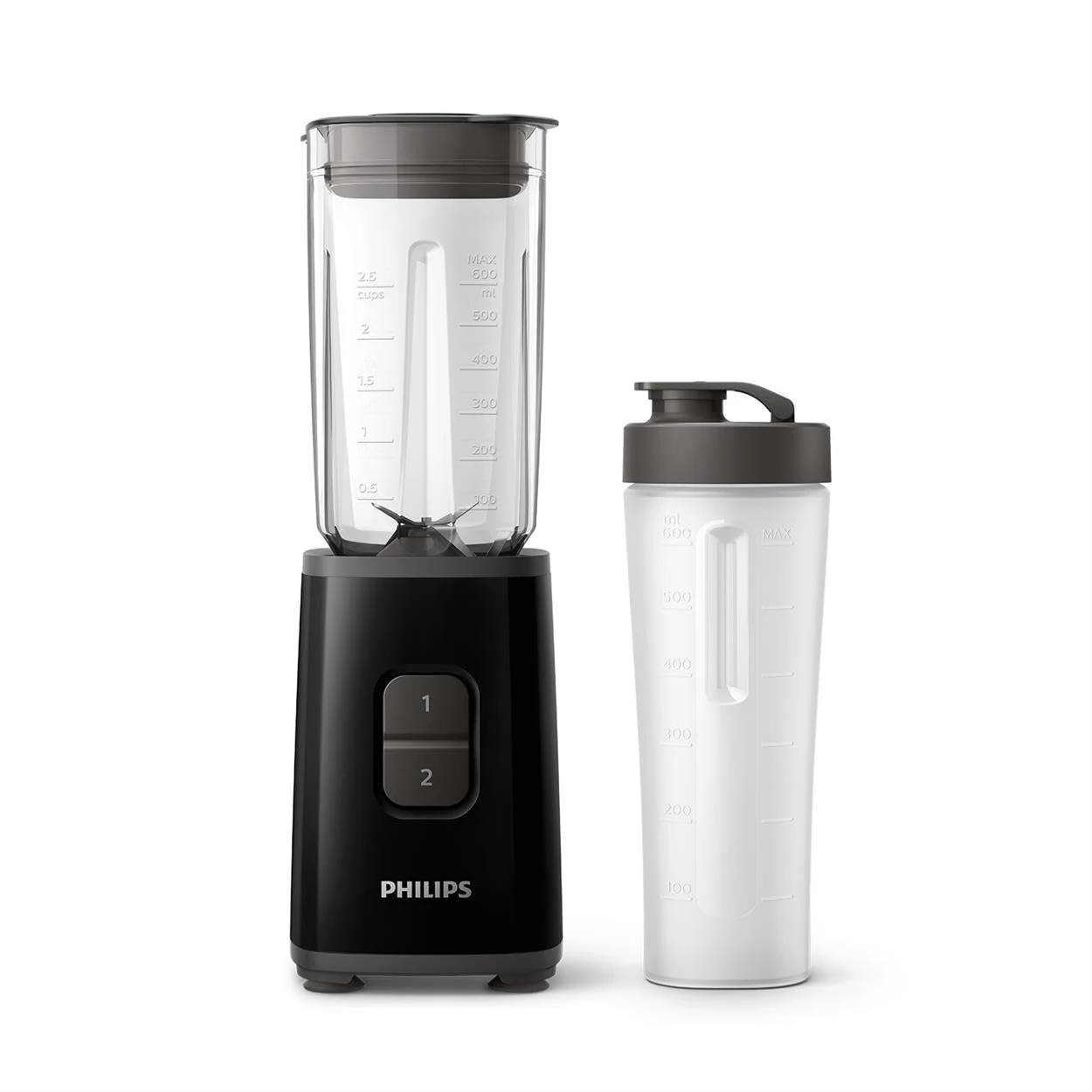 Philips Daily Collection Mini Blender and Smoothie Maker, 350W, 0.6L Jug, On-the-go Tumbler, Dishwasher Safe, Recipe App, 2 Speeds, Ice Crush, Quick Clean, Deep Black (HR2602/91)