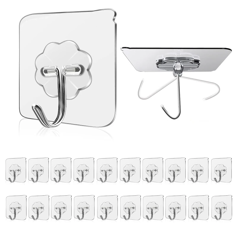 WOVU Wall Hooks 15Kg(Max) Transparent Seamless for Hanging,Waterproof Oilproof Bathroom Kitchen Heavy Duty Adhesive Hooks,Coat Hooks, Utility Towel Bath Sticky Hooks(20Pack)