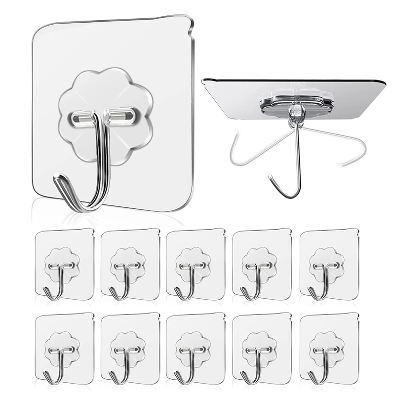 WOVU Transparent Adhesive Hooks - 15kg Max, Waterproof, 10pcs
