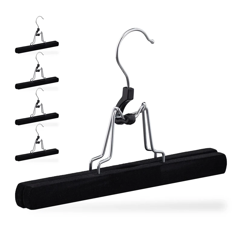 Relaxdays, Set of 5, Wood, Non-slip Velvet Cover, Skirt Hanger, Trouser Organiser, W: 25 cm, Black, 16.5 x 25 x 2.5 cm