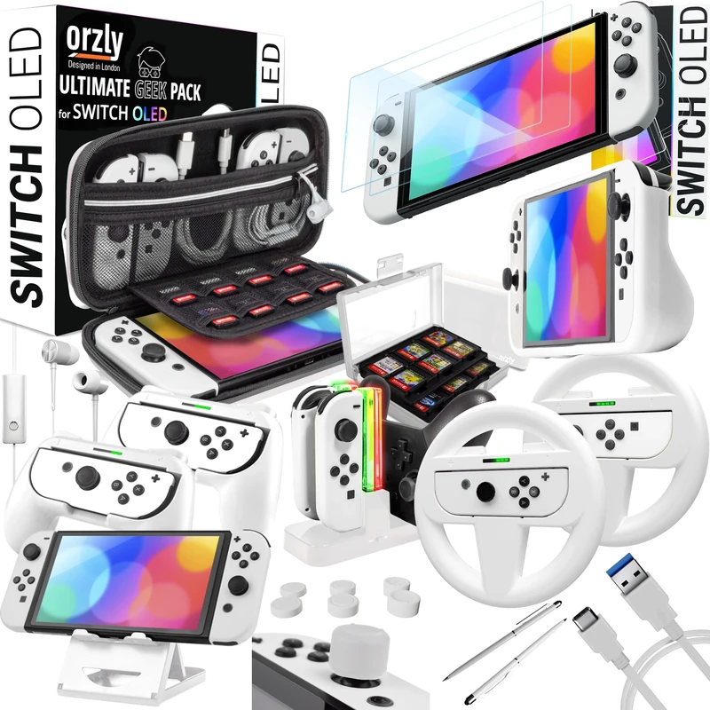 Orzly Accessories Kit bundle Compatible with Nintendo Switch OLED Console (NOT 2017 Edition compatible) Ultimate Geek Pack with Case and screen protector and much more - Ice White Gift boxed