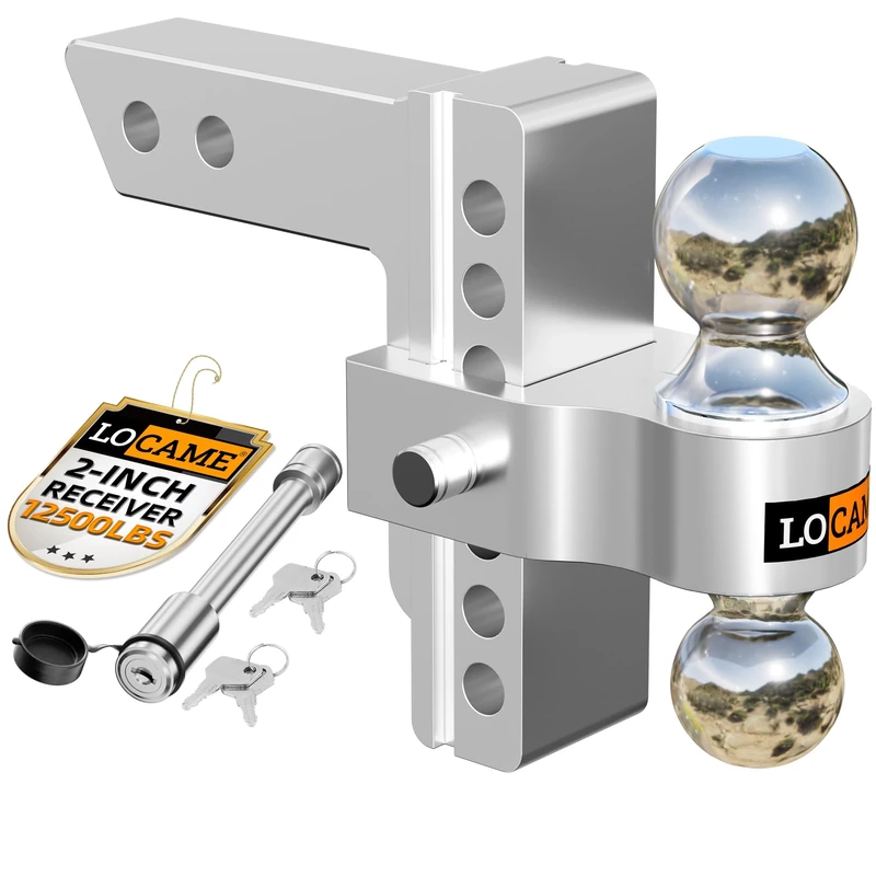 LOCAME Adjustable Trailer Hitch, Fits 2-Inch Receiver, 6-Inch Drop/Rise Aluminum Drop Hitch,12,500 LBS GTW-Tow Hitch for Heavy Duty Truck with Double Stainless Steel Locks, Silver, LC0013
