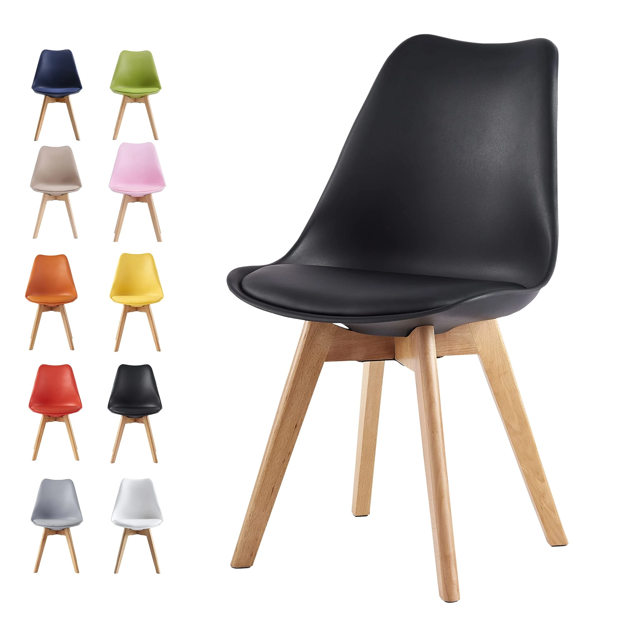 mcc direct Dining Chairs Wooden Legs Soft Cushion Pad Stylish DELUXE Retro Lounge Dining Office EVA (Black)