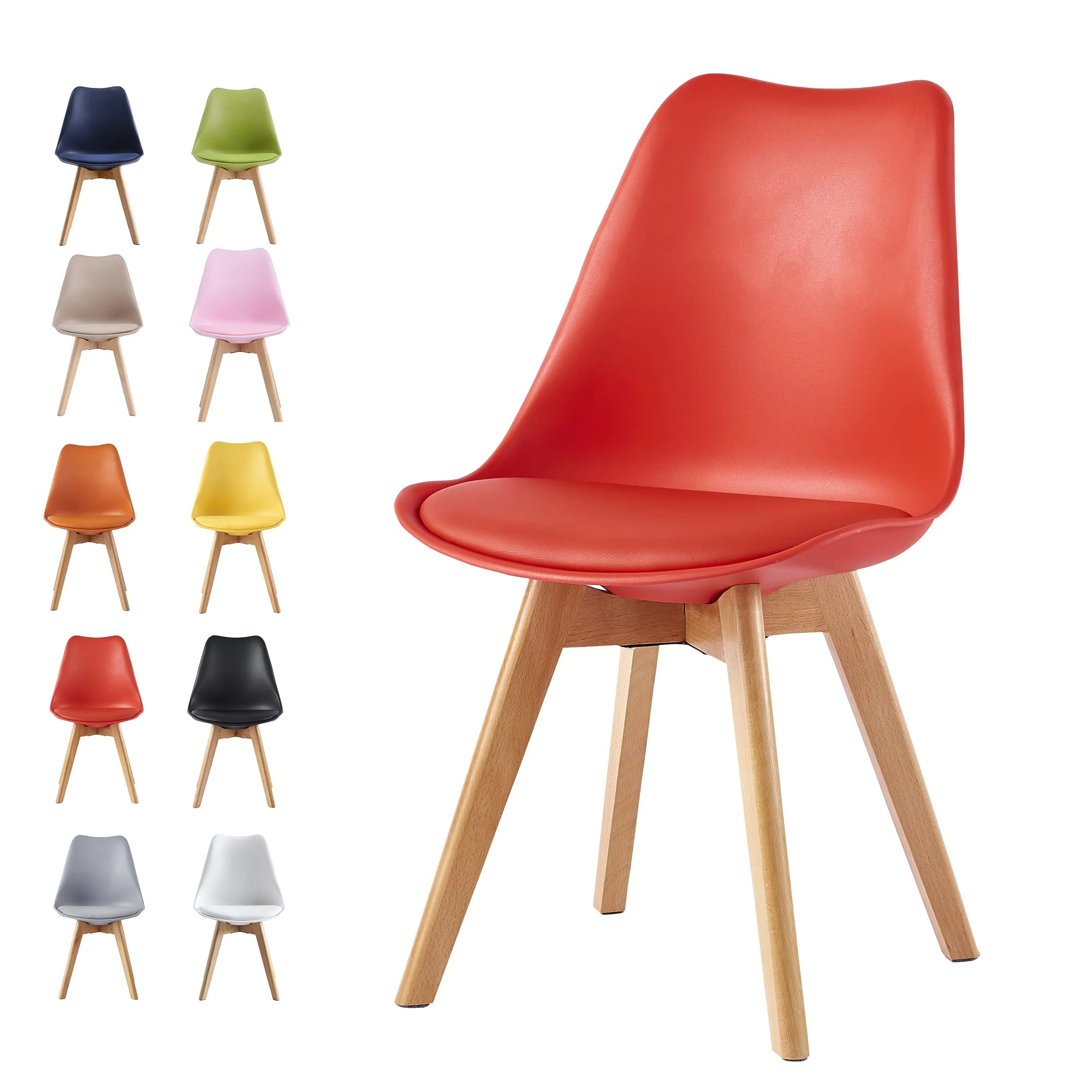 mcc direct Dining Chairs Wooden Legs Soft Cushion Pad Stylish DELUXE Retro Lounge Dining Office EVA (Red)