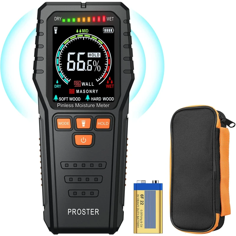 Proster Pinless Moisture Meters - with Backlit LCD Screen Non-Invasive Damp Meter Detects up to 3/4-Inch Below Surface for Non-Destructive Moisture Detection Wallboard Masonry Hardwood and Softwood