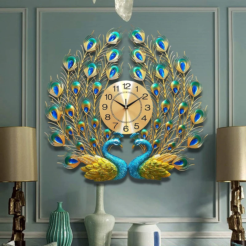 EURSON Large Peacock Wall Clock 27.6 inch Non-Ticking Silent Crystal Creative Personality Modern Art Decorative Wall Clocks for Living Room Decor (27.6 * 27.6inch, Yellow)