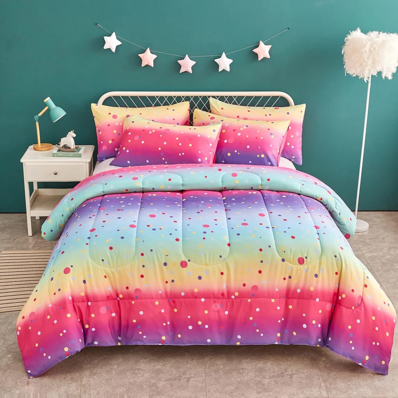 Yogeneg Colorful Polka Dots Kids Comforter Sets Full/Queen Size for Girl &Boys,Circles Printed Rainbow Comforter with 2 Pillowcase, Microfiber 3 Piece Bedding Set,All Season (Rainbow C, Queen)