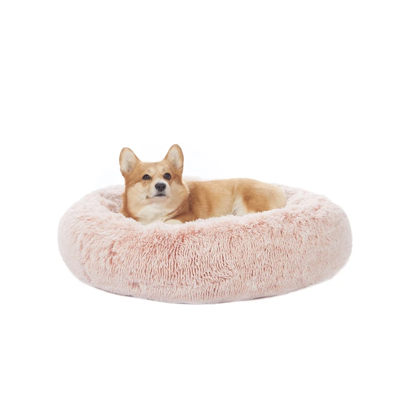 Bedfolks Calming Donut Dog Bed, 30 Inches Round Fluffy Dog Beds for Medium Dogs, Anti-Anxiety Plush Dog Bed, Machine Washable Pet Bed (Pink, Medium)