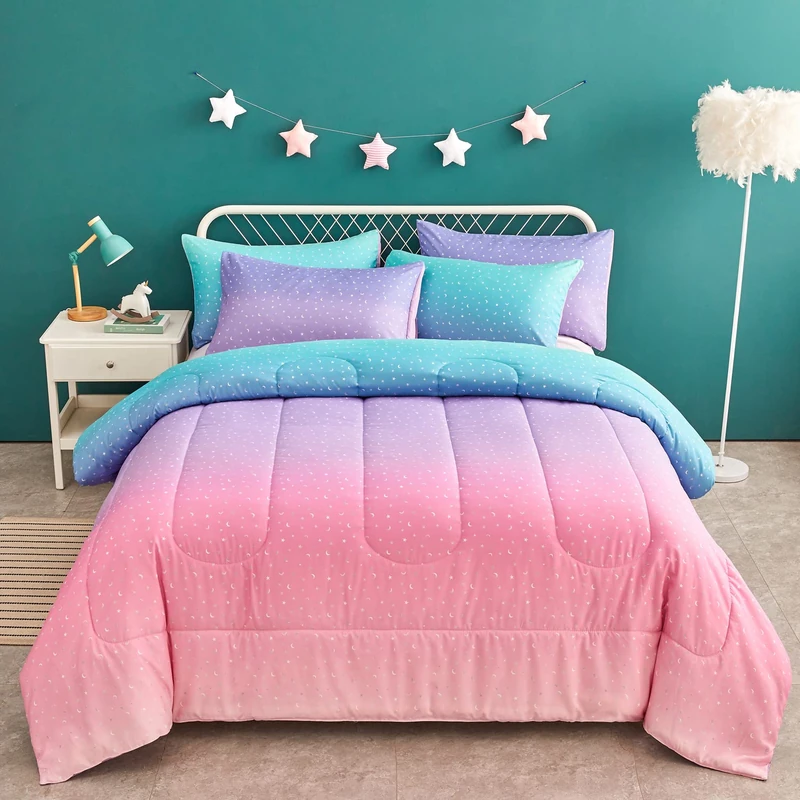 Yogeneg Mermaid Rainbow Comforter Set Twin Size for Teen Girl Women,Metallic Star Moon Printed Comforter with Pillowcase,Ultra Soft Microfiber 2 Piece Bedding Set,All Season (Rainbow B, Twin)