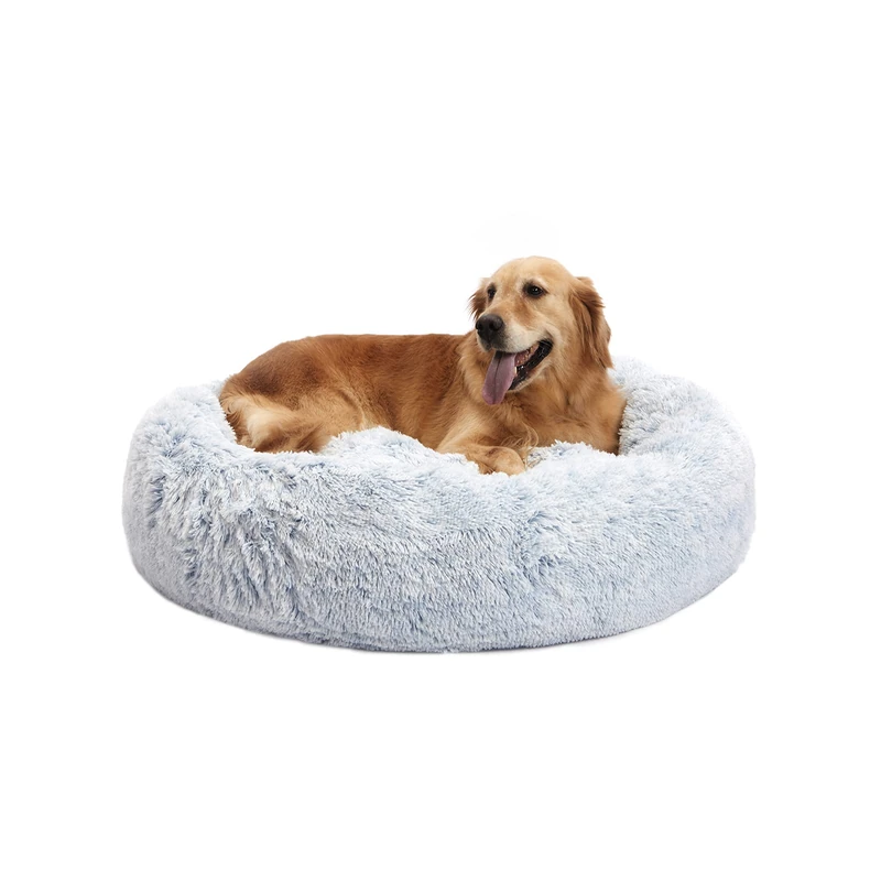 Bedfolks Calming Donut Dog Bed, Dia36 Round Fluffy Dog Beds for Large Dogs, Anti-Anxiety Plush Dog Bed, Washable Pet Bed with Non-Slip Bottom (Light Blue, Large)