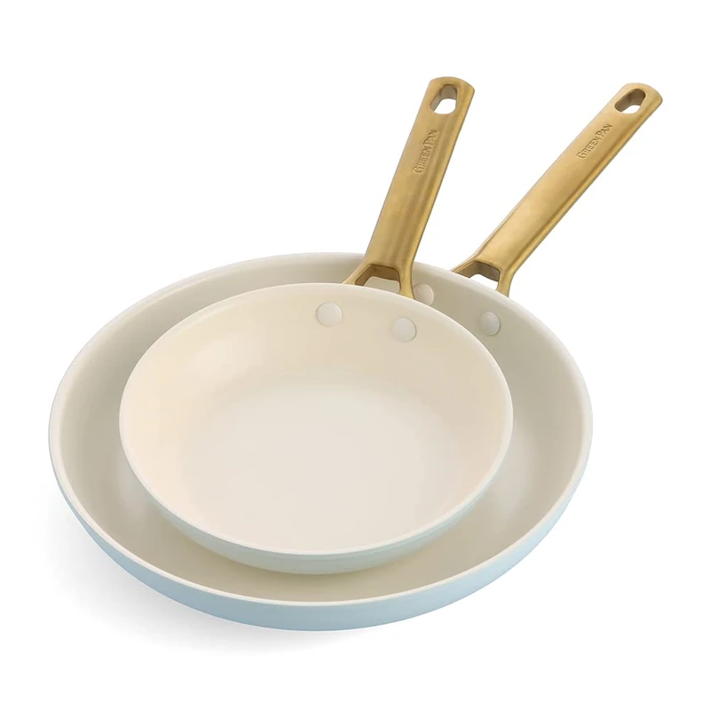 GreenPan Reserve Hard Anodized Healthy Ceramic Nonstick 20 cm and 26 cm Frying Pan Skillet Set, Gold Handle, PFAS-Free, Induction Suitable, Oven Safe, Light Blue