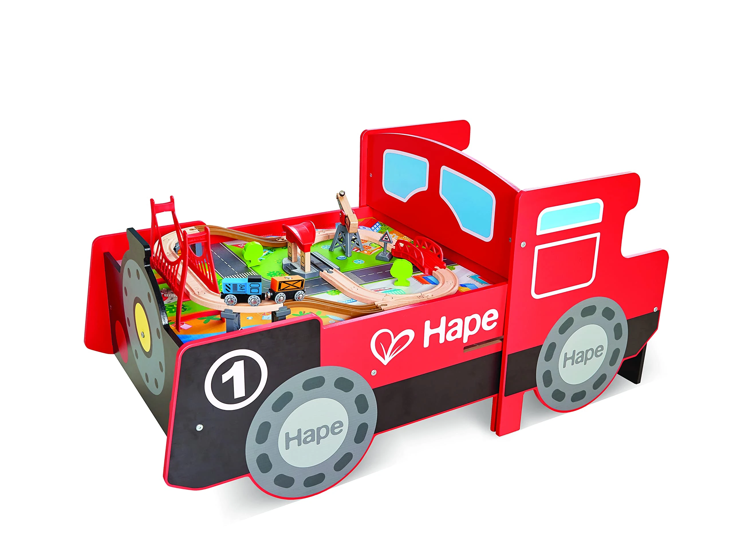 Hape Ride-On Engine Table | Wooden Railway Playset with Engine-Style, Stow-Away Table, Sounds & Lights, Accessories | 3 + Years,E3769