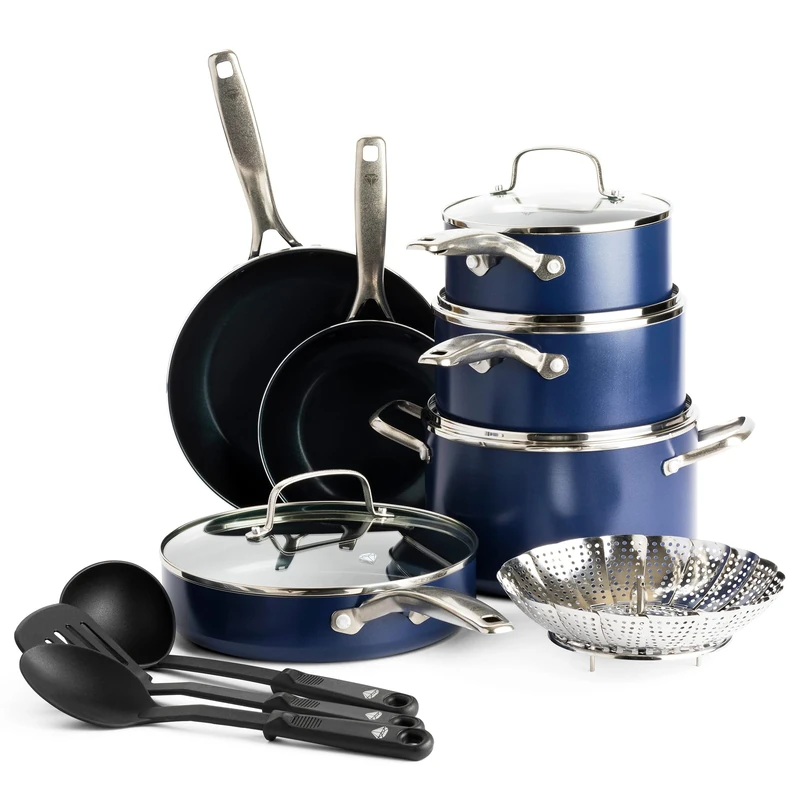 Blue Diamond Cookware Diamond Infused Ceramic Nonstick 14 Piece Cookware Pots and Pans Set, Includes Frying Pans, Sauté, Saucepans, Strainer, Stockpot, Utensils, PFAS-Free, Oven Safe, Blue