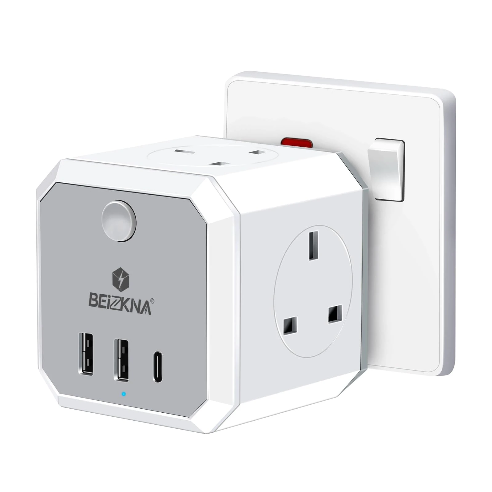 Multi Plug Adapter with 3 USB, 4 Way Multi Plug Extension USB C Wall Socket Adaptor, 13A UK 3 Pin Cube Multiplug Switched Power Extender for Home, Office, Kitchen, White