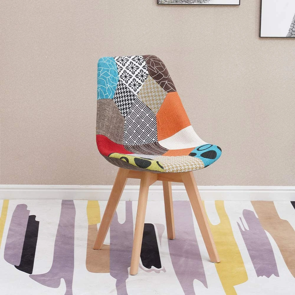 Homcasa Multicolour Patchwork Dining Chair with Soft Cushion and Solid Wood Legs Linen Dressing Chair for Home Lounge (1 Chair)