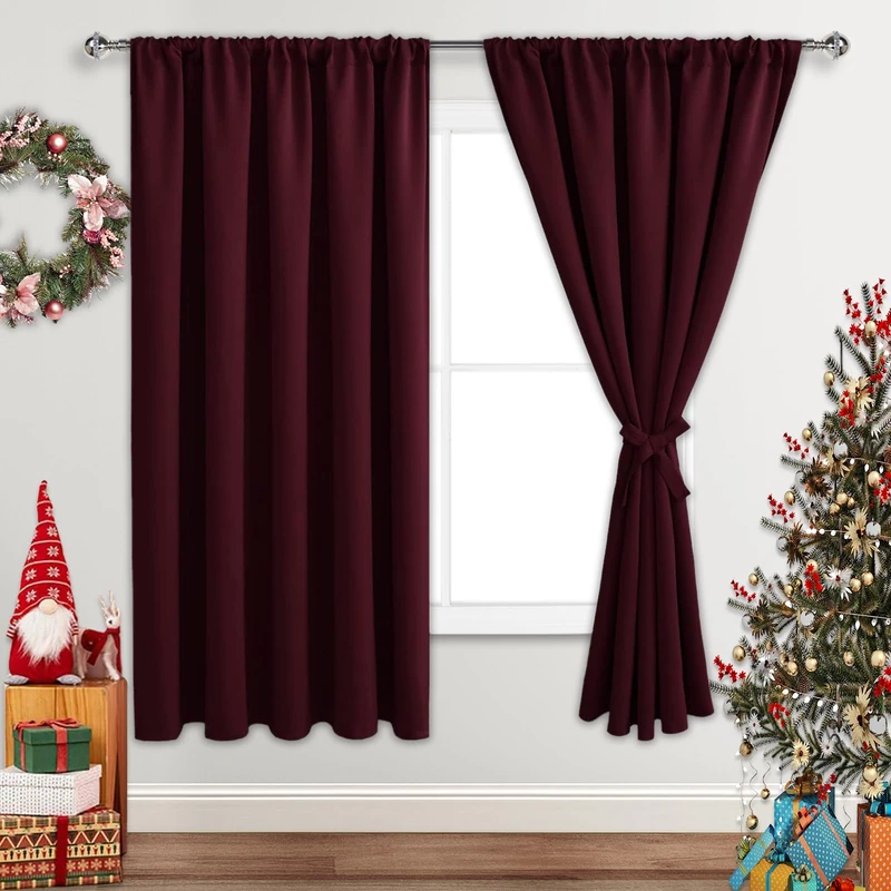 JIUZHEN Christmas Blackout Curtains for Bedroom - Thermal Insulated Room Darkening Noise Reducing, 70 x 63 Inch Length Curtains for Living Room, Set of 2 Panels with Tiebacks,Burgundy