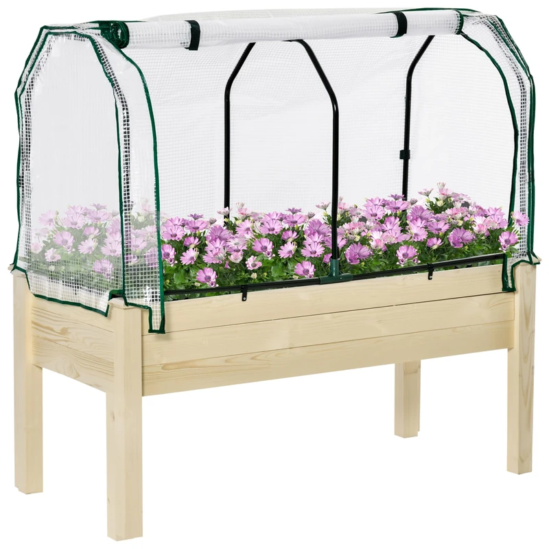 Outsunny Raised Garden Bed with PE Greenhouse Cover, Outdoor Elevated Wood Planter Box for Herbs and Vegetables, Use for Patio, Garden, Balcony, 121 x 55 x 117cm, Nature Wood Finish - Image 1