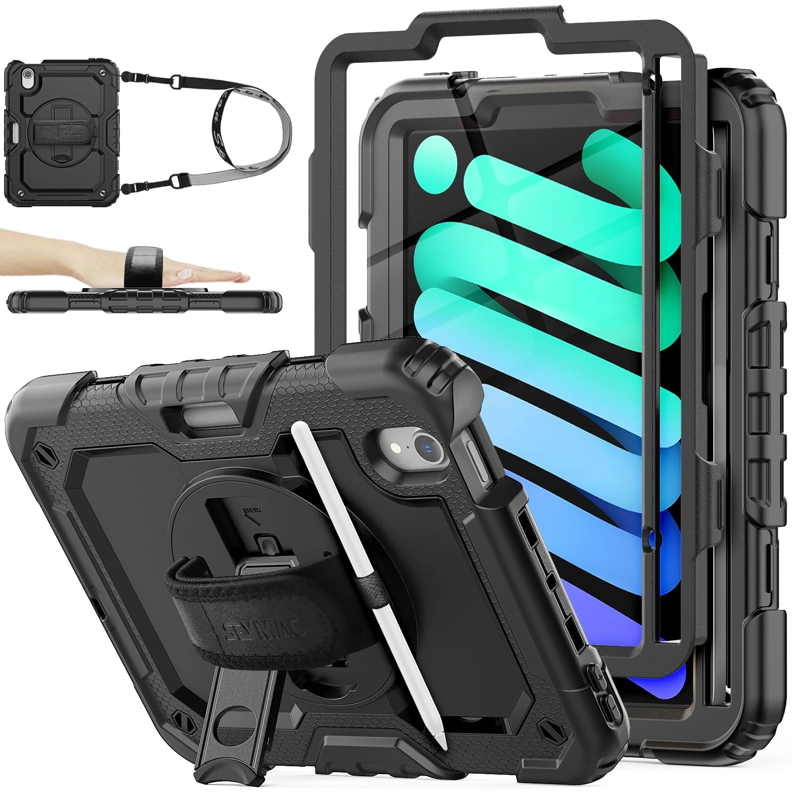 SEYMAC stock Case for iPad Mini 7 (A17 Pro)/ Mini 7th/6th Generation Case 8.3 inch(2024/2021), Full-body Shockproof Cover with 360° Rotating Stand/Hand Strap, Screen Protector & Pencil Holder, Black