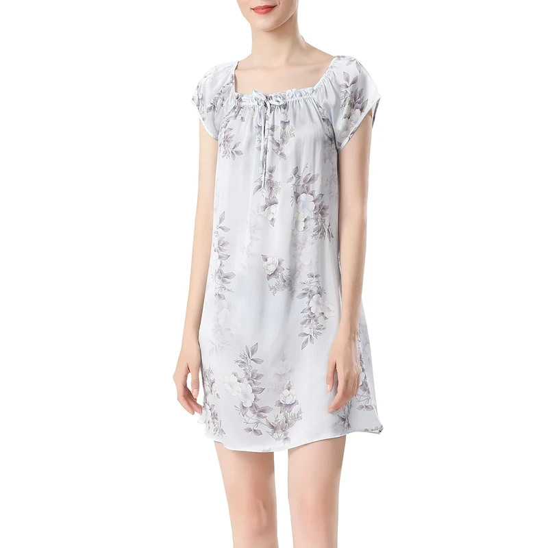 E-Girl Women Grey Floral 100% Silk Pajama Dress Nightwear Nightdress Sleepwear 19 Momme Silk Short Sleeve Sleepwear,L,S5688