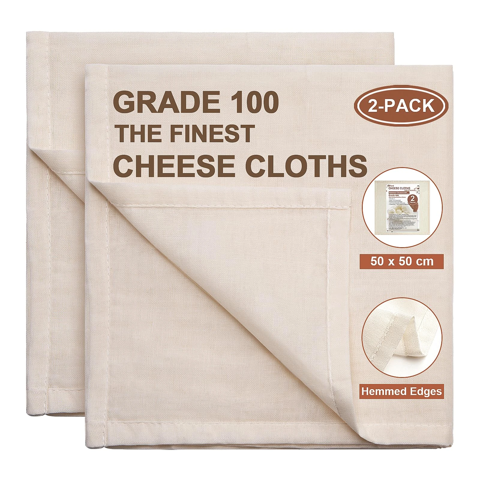 eFond 2-Pack Cheese Cloths for Straining, 50x50cm Squares with Hemmed Edges, Grade 100 Ultra Fine Reusable Muslin Cloths, Unbleached Cotton Cheesecloth for Nut Milk, Butter, Baking & Cooking