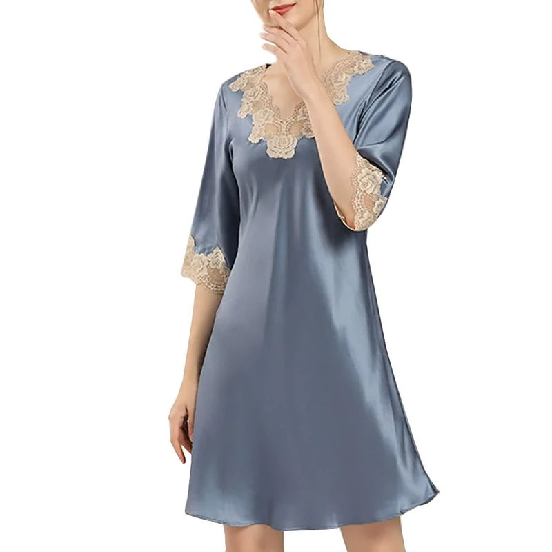 Valin Women Light Blue Lace 100% Silk Pajama Dress Nightwear Nightdress Sleepwear 19 Momme Silk Short Sleeve Sleepwear,L,S5694