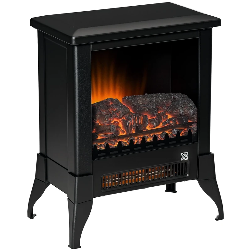 HOMCOM Electric Fireplace Stove, Free Standing Fireplace Heater with Realistic Flame Effect, Dual Power Settings (1800-2000W), Adjustable Temperature and Overheat Protection, Black