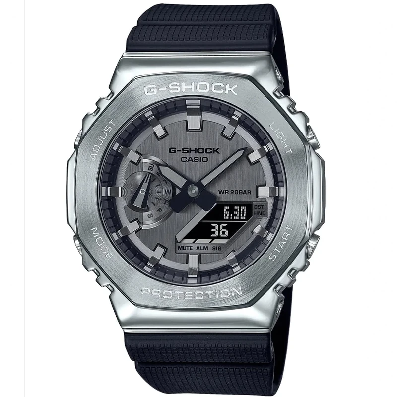 Casio G-Shock GM-2100-1AER Men's Quartz Watch with Grey Analogue-Digital Dial, Black Resin Strap, Stainless Steel Case, 200m Water, Solar Powered Bluetooth