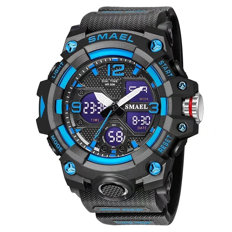 SMAEL Men's Wrist Watch, Military, Outdoor, Waterproof, Sports Watch, Date, Multifunction LED Alarm, Stopwatch, Digital Watches for Men, Blue, Large Face, Digital
