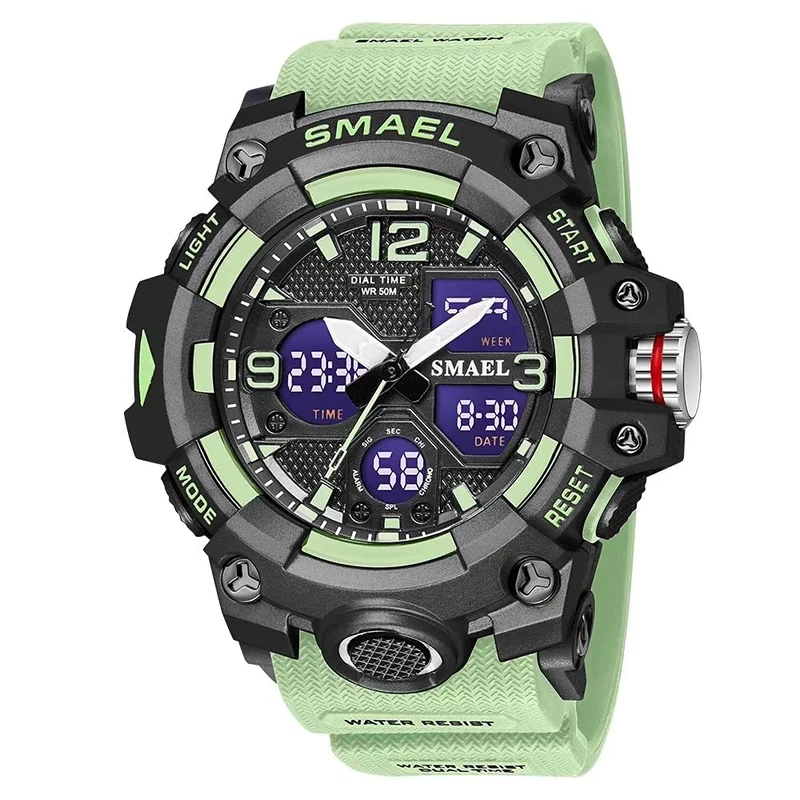 SMAEL Men's Wrist Watch, Military, Waterproof, Sports Watch, Date Display, Multifunctional, LED, Alarm, Stopwatch, Digital Watch for Men, Green, Large Face