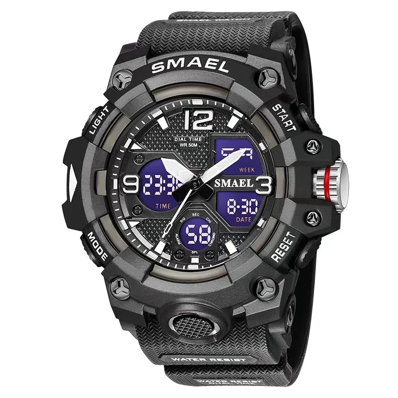SMAEL Men's Watches Military Outdoor Waterproof Sports Wrist Watch Date Multi Function LED Alarm Stopwatch, Digital Watches for Mens, Black, Large Face, Digital