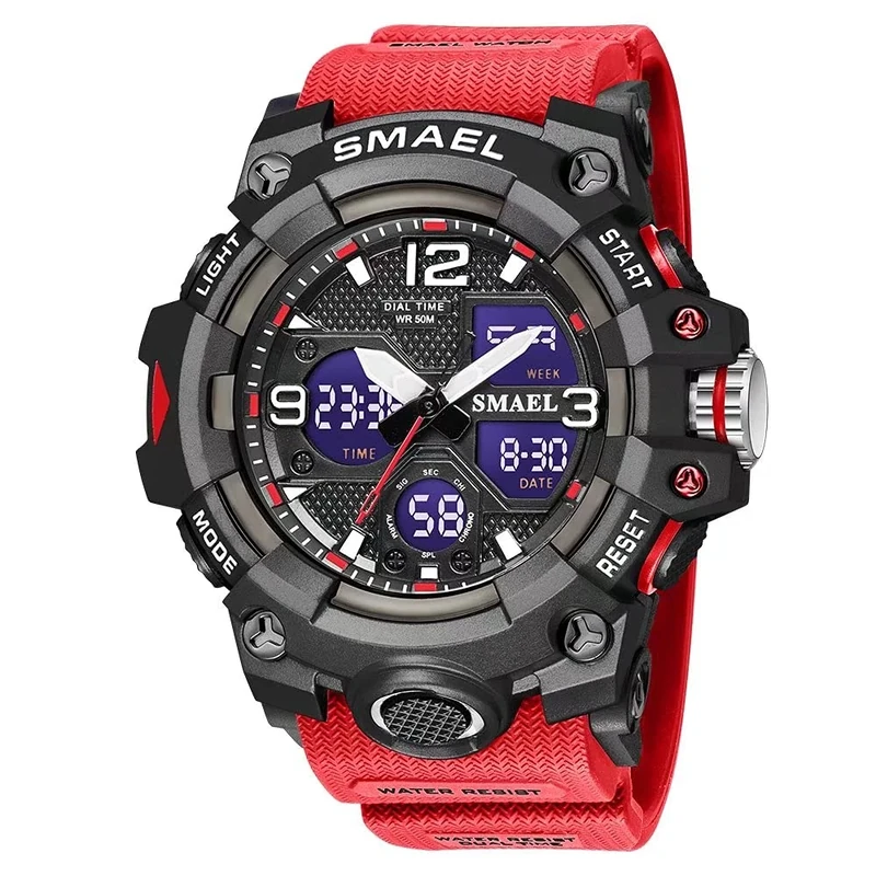 SMAEL Men's Military Red Digital Watch - Waterproof, Dual Timezone, LED