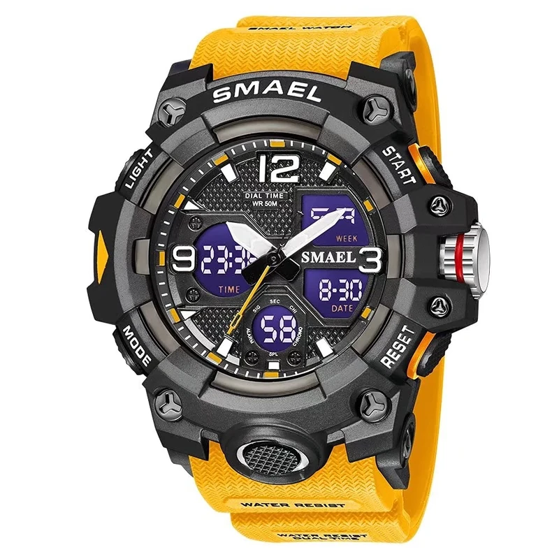SMAEL Men's Military Waterproof Sports Watch Date Multifunction LED Alarm Stopwatch Digital Watch for Men, Orange, Large Face, Digital